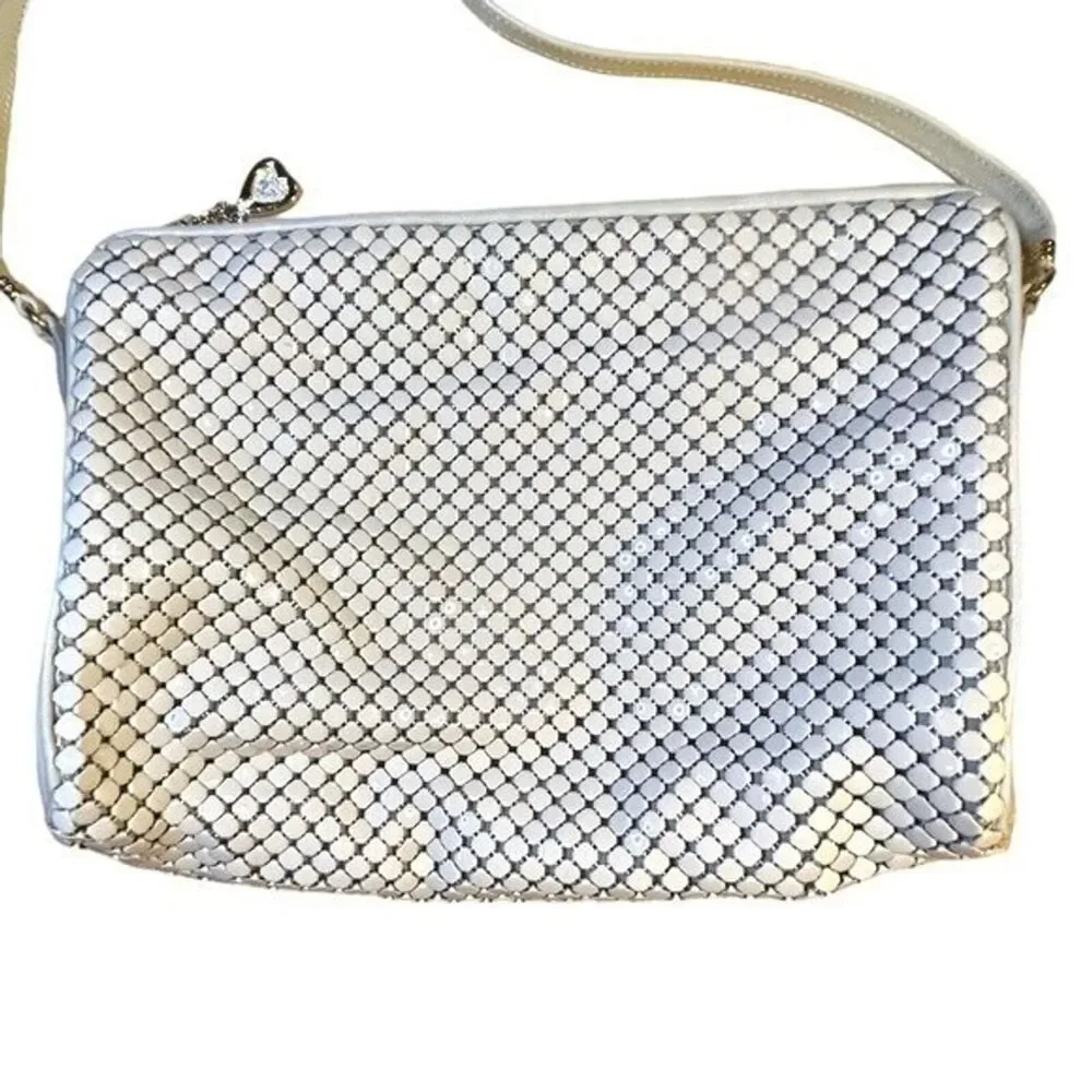 Whiting & Davis Vintage Cream Metal Mesh & Leather Handbag Purse Evening Bag